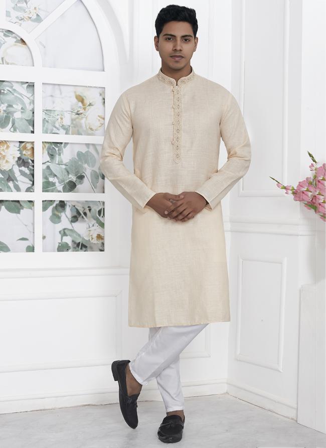 Linen Cotton Beige Traditional Wear Thread Work Kurta Pajama